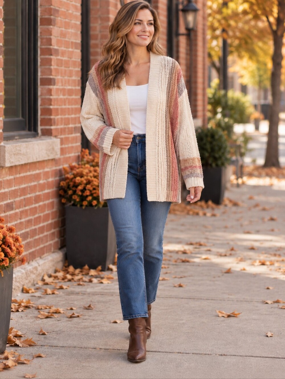 Mystree Women's L Open Front Cardigan Cream Blush Colorblock Boho Knit Sweater